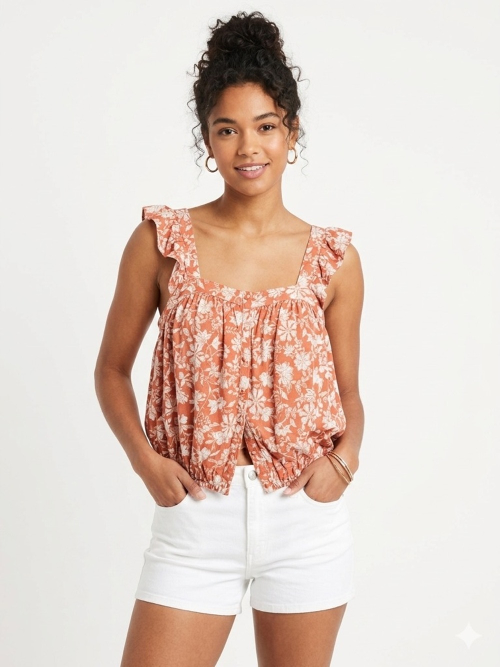 Melrose and Market Floral Ruffle Button-Front Tank